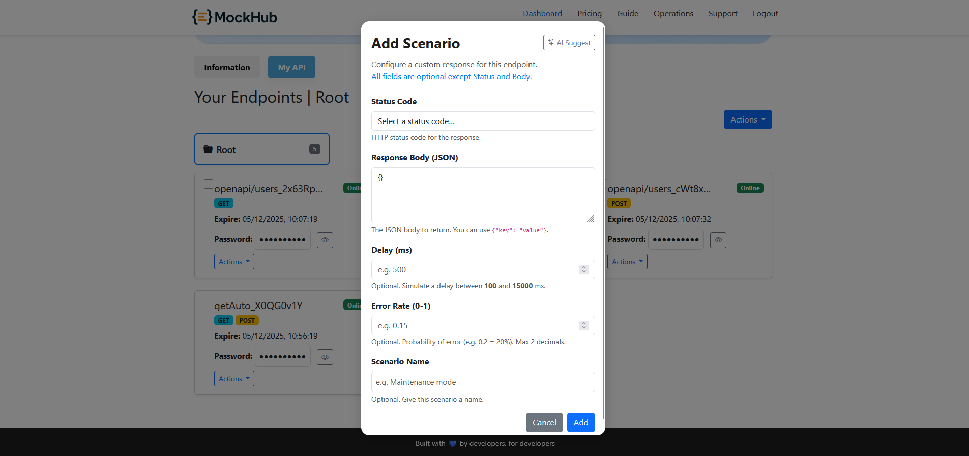 Add Scenario modal form