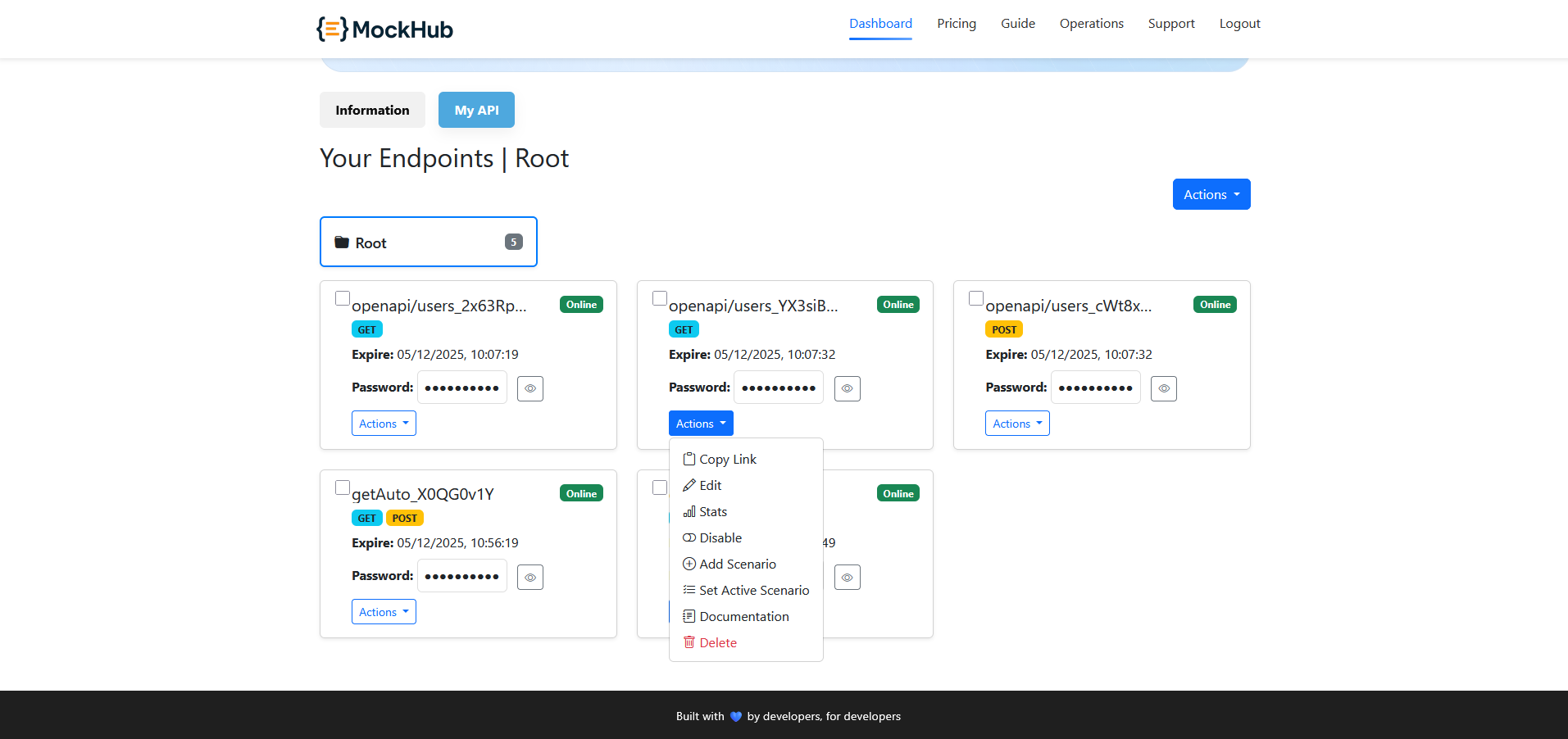 Dashboard Actions menu with Add Scenario