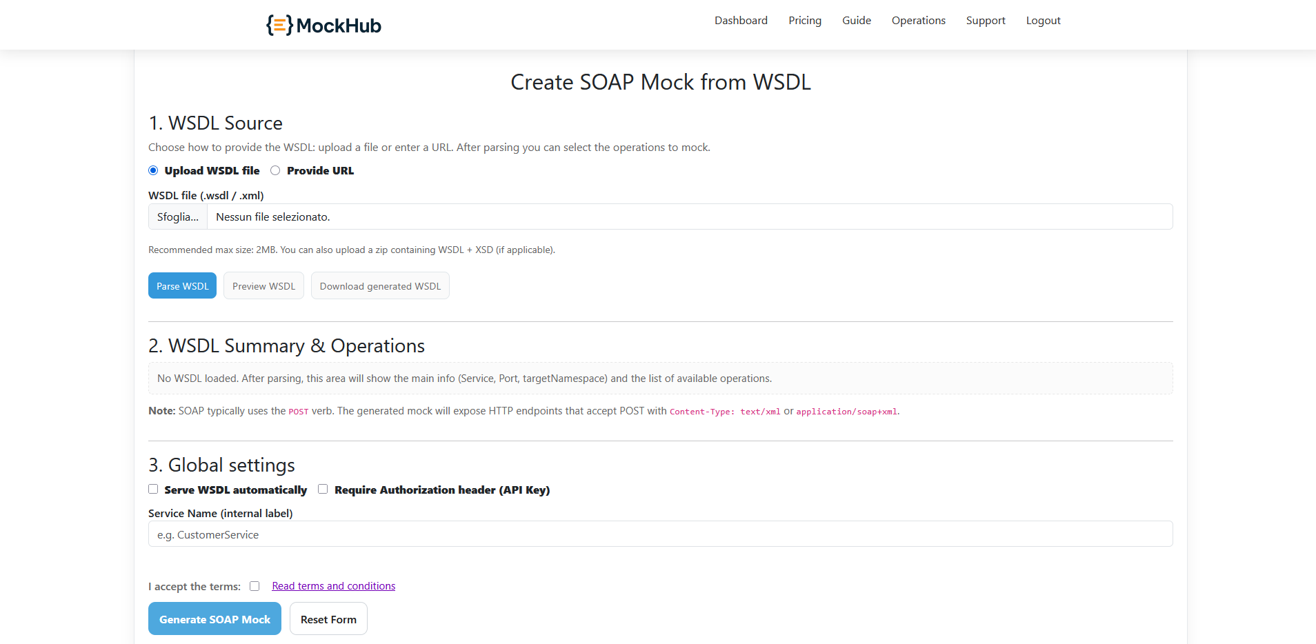 SOAP generator form with WSDL source options